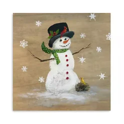 Christmas Art & Wall Decor>Kirklands Home Snowman Yellow Bird Canvas Christmas Art Print Brown