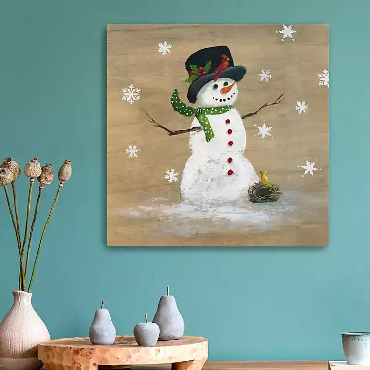 Christmas Art & Wall Decor>Kirklands Home Snowman Yellow Bird Canvas Christmas Art Print Brown