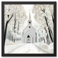 Christmas Art & Wall Decor>Kirklands Home Snowy Church Framed Canvas Art Print Black
