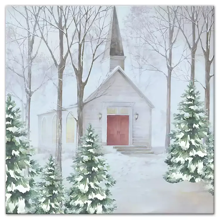 Christmas Art & Wall Decor>Kirklands Home Snowy Church Canvas Art Print White