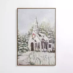 Christmas Art & Wall Decor>Kirklands Home Snowy Church Framed Canvas Art Print White