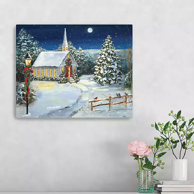 Christmas Art & Wall Decor>Kirklands Home Snowy Church Scene Small Canvas Art Print Multi
