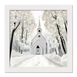 Christmas Art & Wall Decor>Kirklands Home Snowy Church Framed Canvas Art Print White