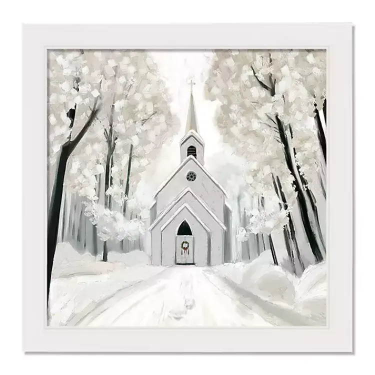 Christmas Art & Wall Decor>Kirklands Home Snowy Church Framed Canvas Art Print White