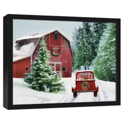 Christmas Art & Wall Decor>Kirklands Home Snowy Red Barn Black Framed Canvas Art Print