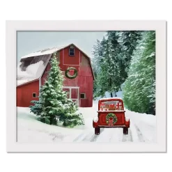 Christmas Art & Wall Decor>Kirklands Home Snowy Red Barn White Framed Canvas Art Print