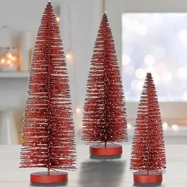Christmas Decorations>Kirklands Home Snowy Bristle Christmas Trees, Set of 3 Red