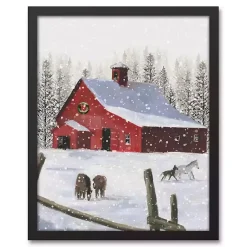 Christmas Art & Wall Decor>Kirklands Home Snowy Stables Framed Canvas Art Print Black