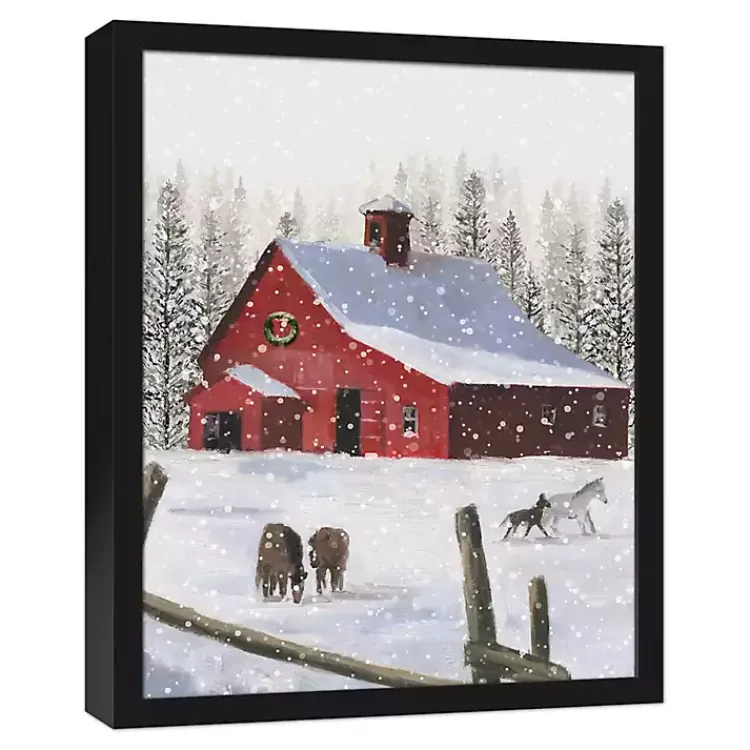 Christmas Art & Wall Decor>Kirklands Home Snowy Stables Framed Canvas Art Print Black