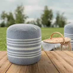 Kirklands Home Soft Blue Simple Stripe Outdoor Pouf Hot