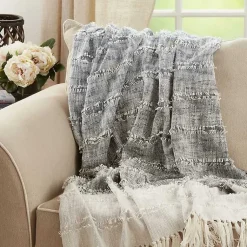 Blankets & Throws>Kirklands Home Soft Blue Textured Striped Tassel Throw