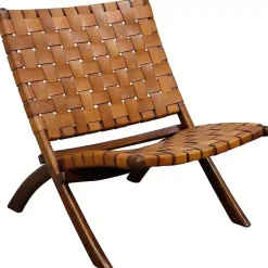Kirklands Home Solid Teak and Genuine Leather Lounge Chair Brown New