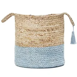 Baskets & Boxes>Kirklands Home Spa Blue and Tan Woven Basket with Tassel, 17 in.