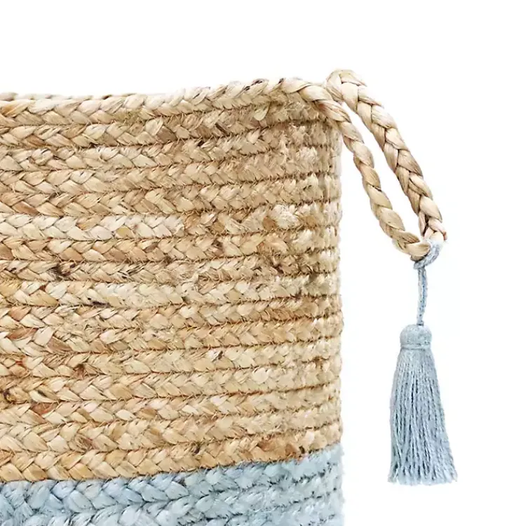 Baskets & Boxes>Kirklands Home Spa Blue and Tan Woven Basket with Tassel, 17 in.