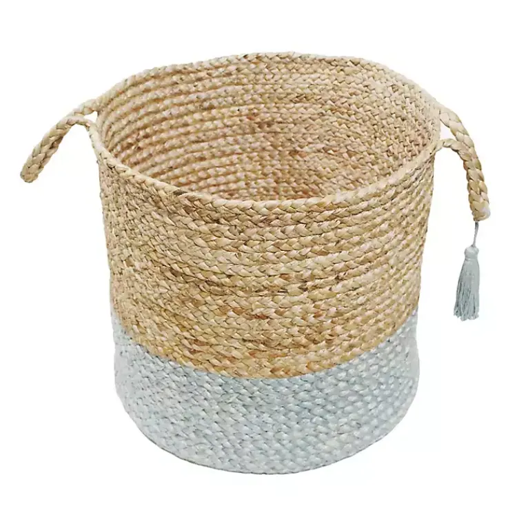 Baskets & Boxes>Kirklands Home Spa Blue and Tan Woven Basket with Tassel, 17 in.