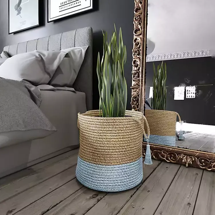 Baskets & Boxes>Kirklands Home Spa Blue and Tan Woven Basket with Tassel, 17 in.