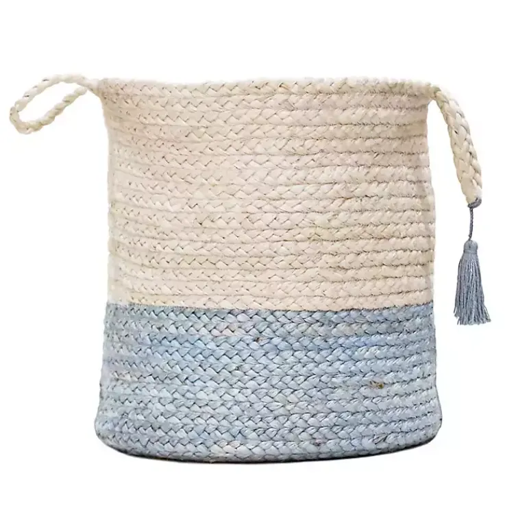 Baskets & Boxes>Kirklands Home Spa Blue and White Jute Basket with Tassel, 17 in.