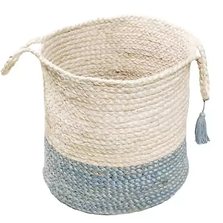 Baskets & Boxes>Kirklands Home Spa Blue and White Jute Basket with Tassel, 17 in.