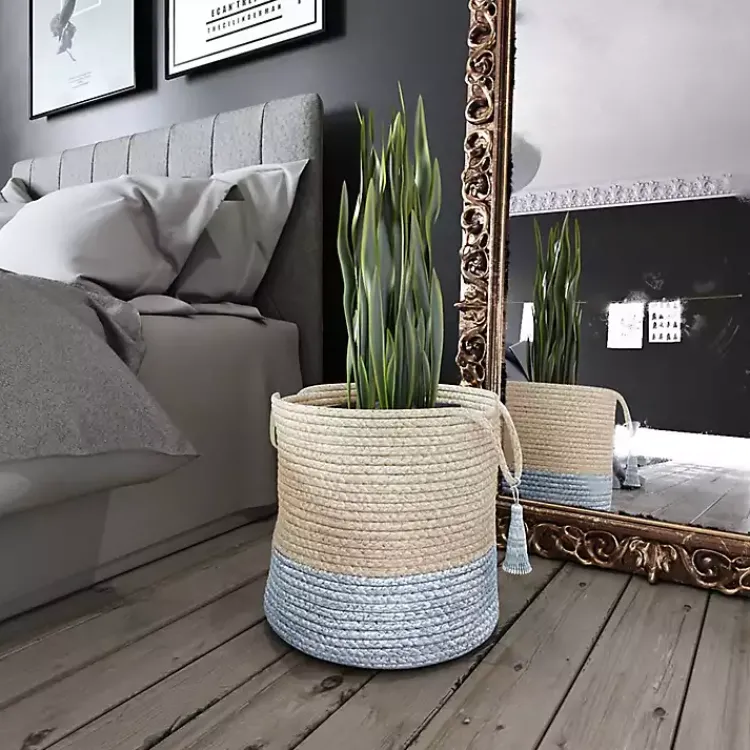Baskets & Boxes>Kirklands Home Spa Blue and White Jute Basket with Tassel, 17 in.