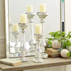 Candle Holders>Kirklands Home Speckled Mercury Glass Pillar Holders, Set of 3 Silver
