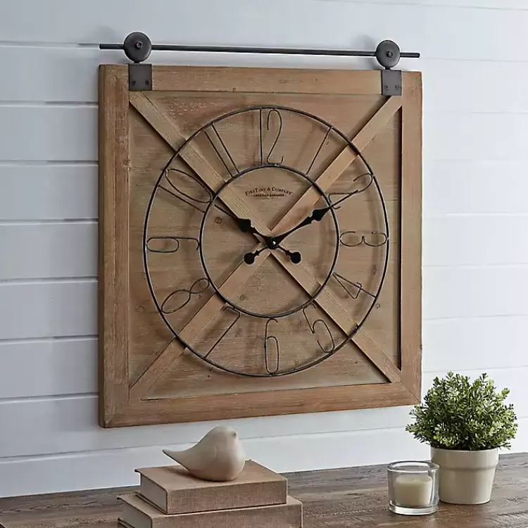 Kirklands Home Square Wood Barn Door Wall Clock Brown Hot