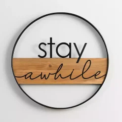 Kirklands Home Stay Awhile Metal and Wood Wall Plaque