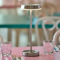 Kirklands Home Steel Metal Disc Frosted Light Cordless Table Lamp Silver Outlet