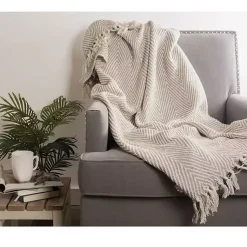Blankets & Throws>Kirklands Home Stone Chevron and Fringe Throw Brown