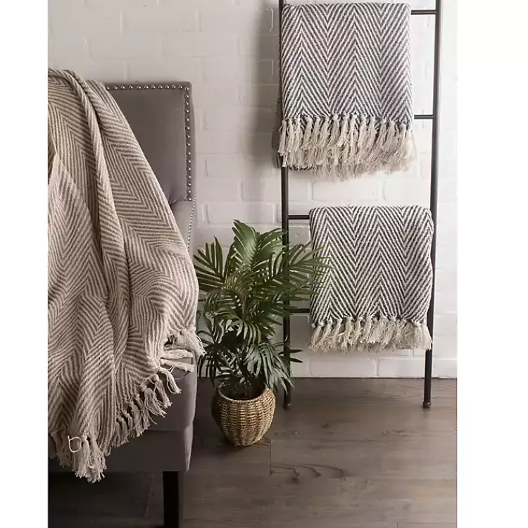 Blankets & Throws>Kirklands Home Stone Chevron and Fringe Throw Brown