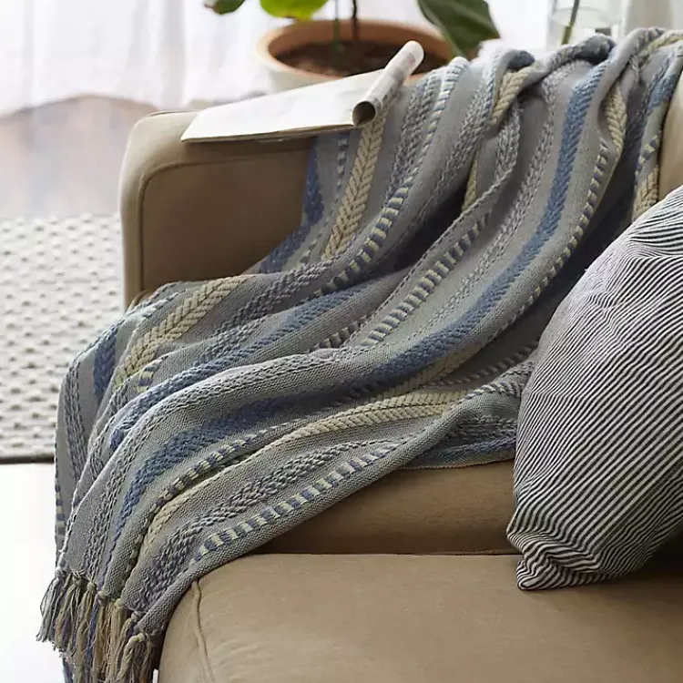 Blankets & Throws>Kirklands Home Stonewash Braided Fringe Throw Blue