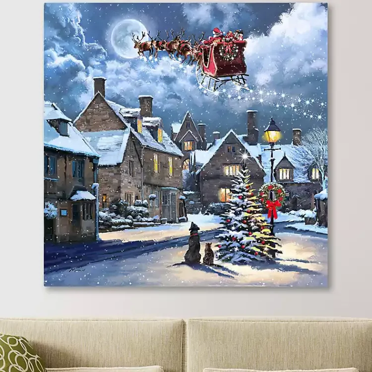 Christmas Art & Wall Decor>Kirklands Home Street Light and Santa's Sleigh Canvas Art Print Blue