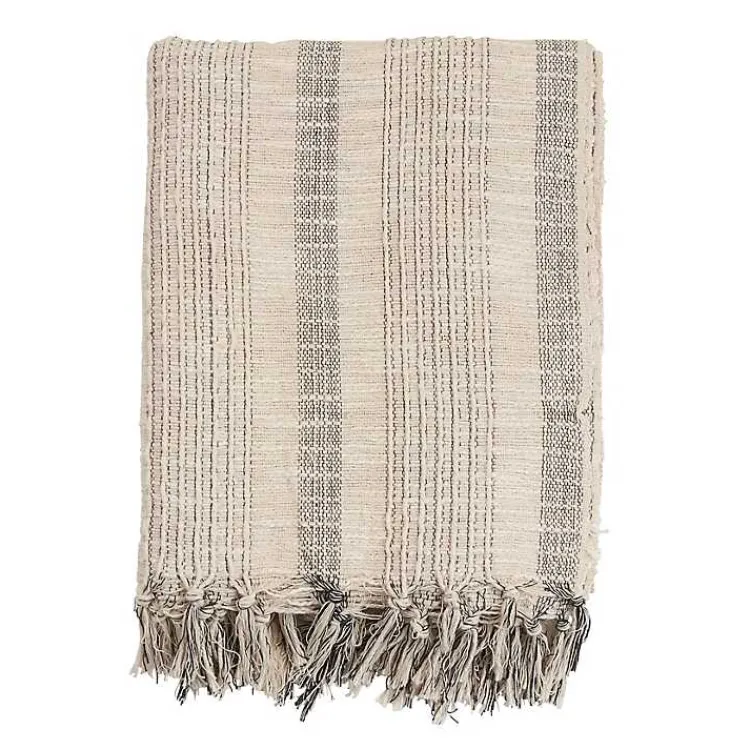 Blankets & Throws>Kirklands Home Stripes and Fringe Cream Throw Blanket Ivory