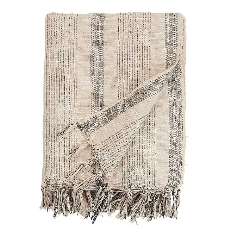 Blankets & Throws>Kirklands Home Stripes and Fringe Cream Throw Blanket Ivory