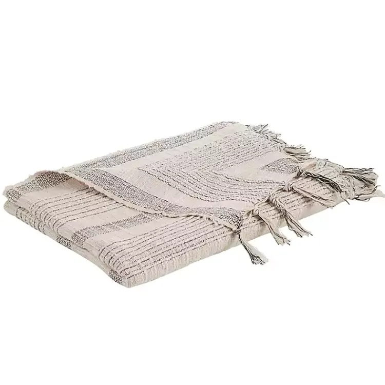 Blankets & Throws>Kirklands Home Stripes and Fringe Cream Throw Blanket Ivory