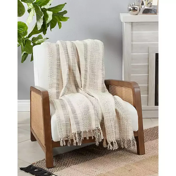 Blankets & Throws>Kirklands Home Stripes and Fringe Cream Throw Blanket Ivory