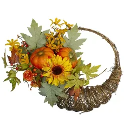 Fall>Kirklands Home Sunflower and Pumpkin Cornucopia Harvest Wreath