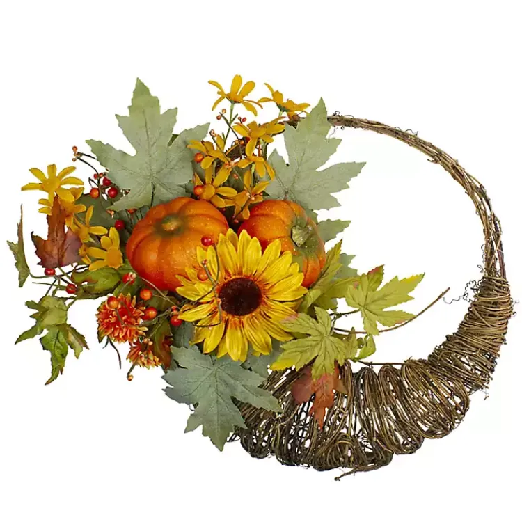 Fall>Kirklands Home Sunflower and Pumpkin Cornucopia Harvest Wreath