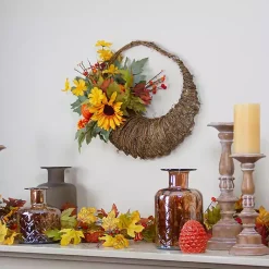 Fall>Kirklands Home Sunflower and Pumpkin Cornucopia Harvest Wreath