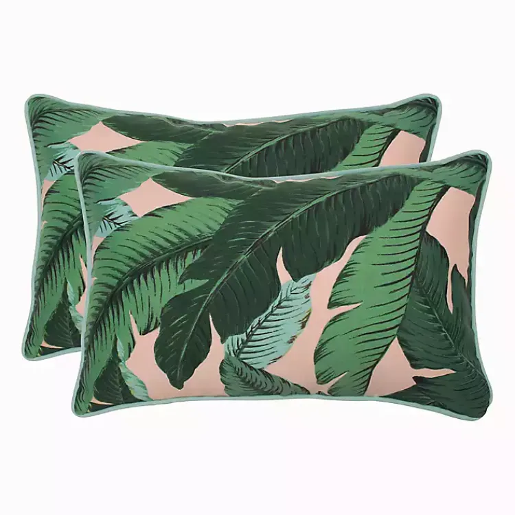 Kirklands Home Swaying Palms Outdoor Lumbar Pillows, Set of 2 Green New