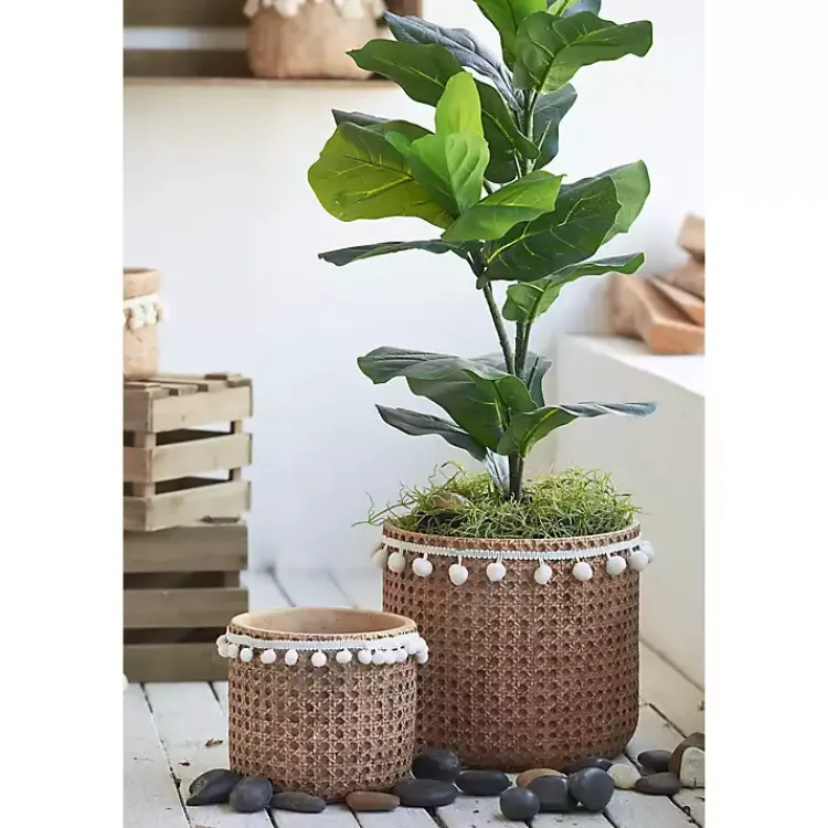 Kirklands Home Tall Woven Cement Baskets with Pom Poms, Set of 2 Brown Hot