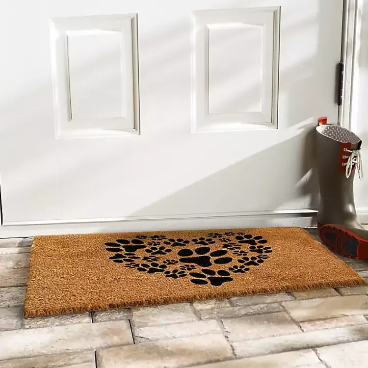 Kirklands Home Tan and Black Coir Heart Paws Doormat, 17x29 Outlet