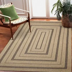 Kirklands Home Tan and Black Framed Indoor/Outdoor Area Rug, 5x7 New