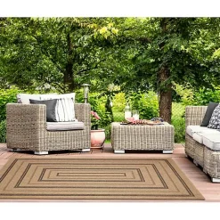 Kirklands Home Tan and Black Framed Indoor/Outdoor Area Rug, 7X9 Clearance