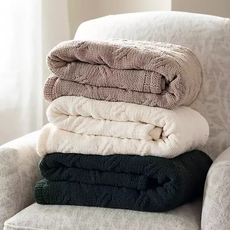 Blankets & Throws>Kirklands Home Chenille Cable Knit Throw Tan