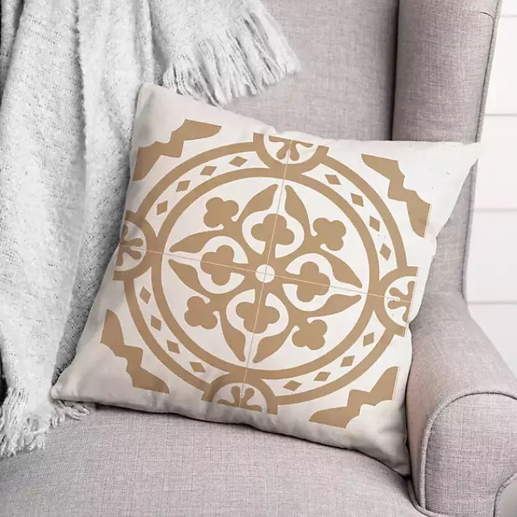 Kirklands Home Tan Medallion Tile Indoor/Outdoor Pillow Clearance