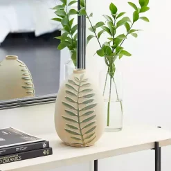Vases>Kirklands Home Tan Raised Green Fern Ceramic Vase, 10 in.