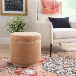 Kirklands Home Sherpa Upholstered Storage Ottoman Tan Outlet