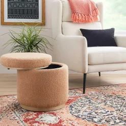 Kirklands Home Sherpa Upholstered Storage Ottoman Tan Outlet