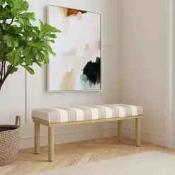 Kirklands Home Tan Striped Upholstered Wood Leg Bench