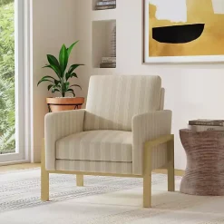 Kirklands Home Tan Striped Upholstered Wood Frame Armchair Outlet